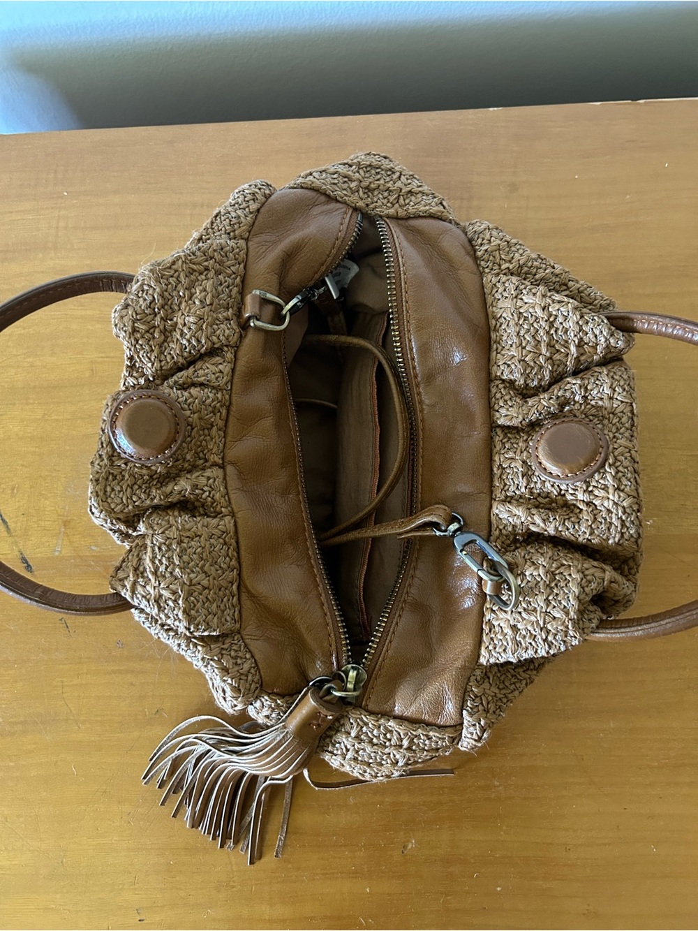 Hobo Darling Small Satchel Leather Straw Top Handle Purse Crossbody Tan Bag - Picture 3 of 10